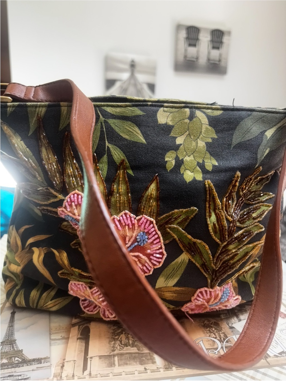 Vintage Christiana beaded fabric tote bag featuring an intricate tropical